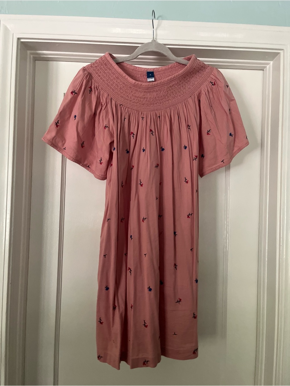 Old Navy Dusty Pink Smocked Neck Dress with Navy Accents